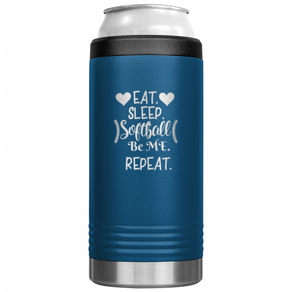 Eat Sleep Softball Be Me Repeat Slim Koozie Blue