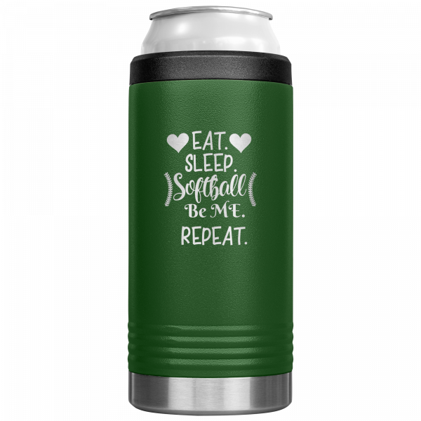 Eat Sleep Softball Be Me Repeat Slim Koozie Green