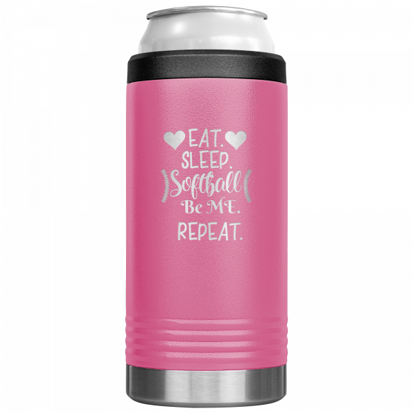 Eat Sleep Softball Be Me Repeat Slim Koozie Pink