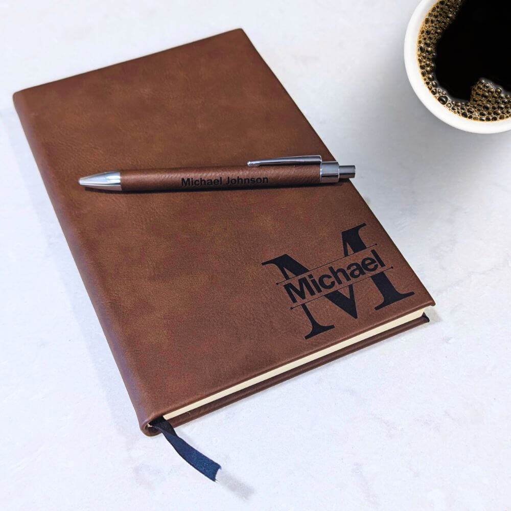 Custom leather notebook with engraved pen