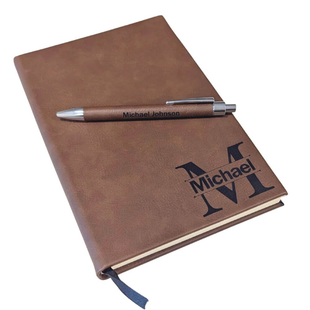 Custom leather notebook with engraved pen