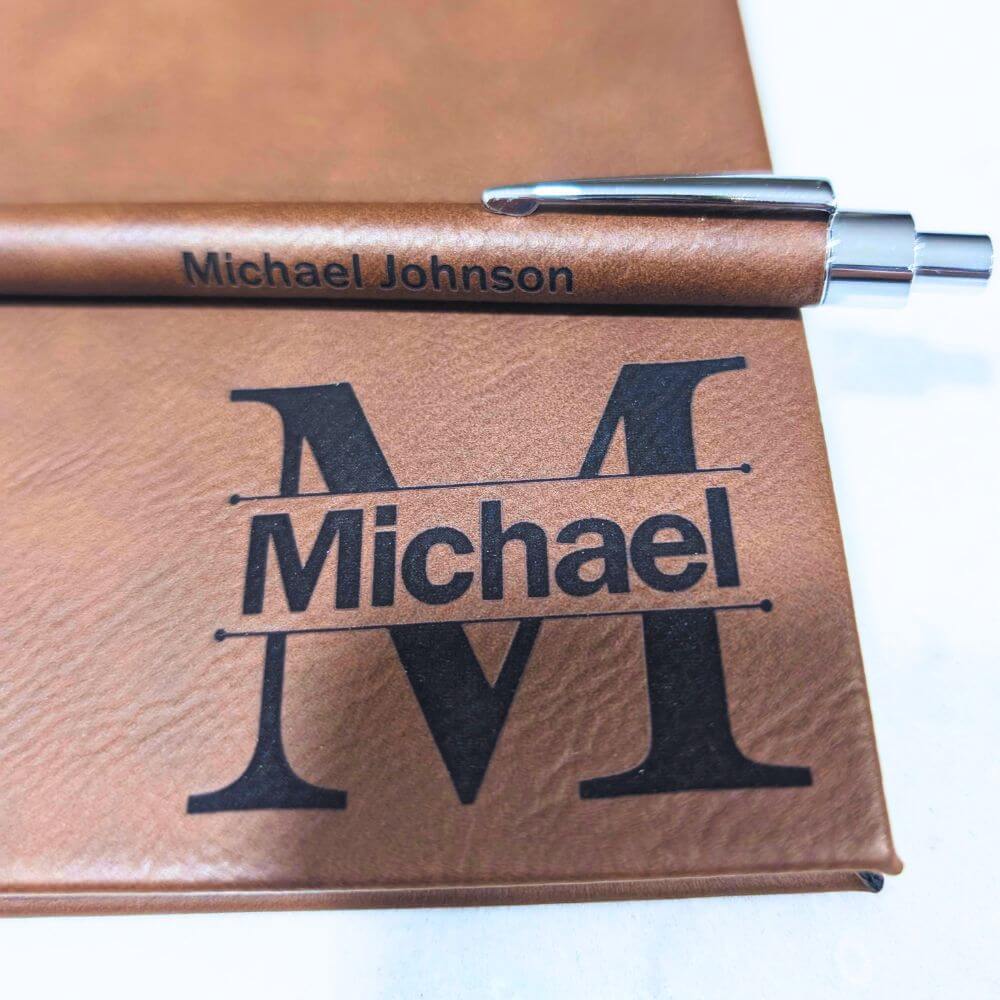 Custom leather notebook with engraved pen