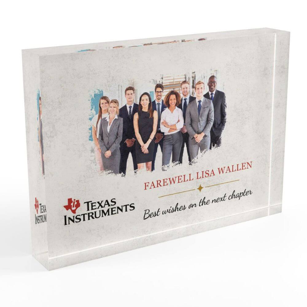 Group of professionals posing on a farewell card with 'Farewell Lisa Wallen' and TI logo.