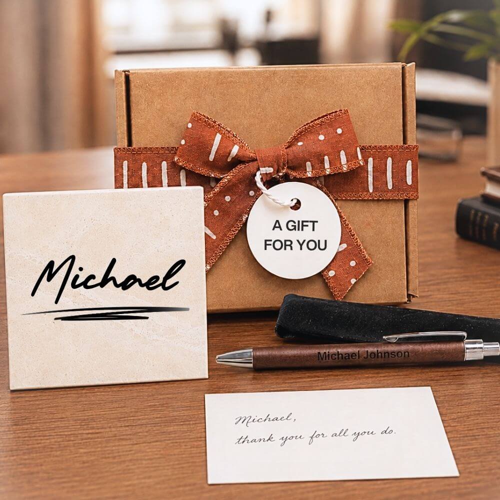 Employee appreciation gift. ersonalized stone coaster and engraved name pen gift set in a premium hand-wrapped gift box