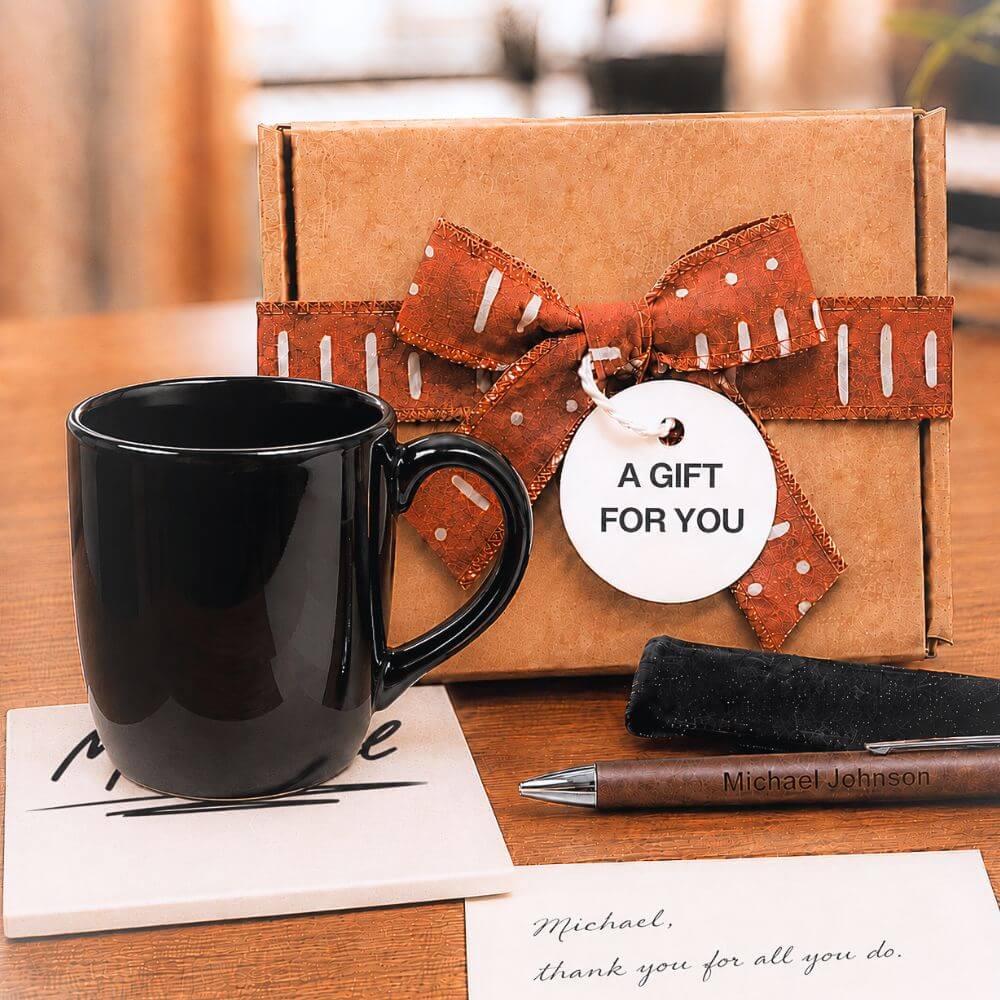 Custom name stone coaster with personalized engraved pen and elegant gift box